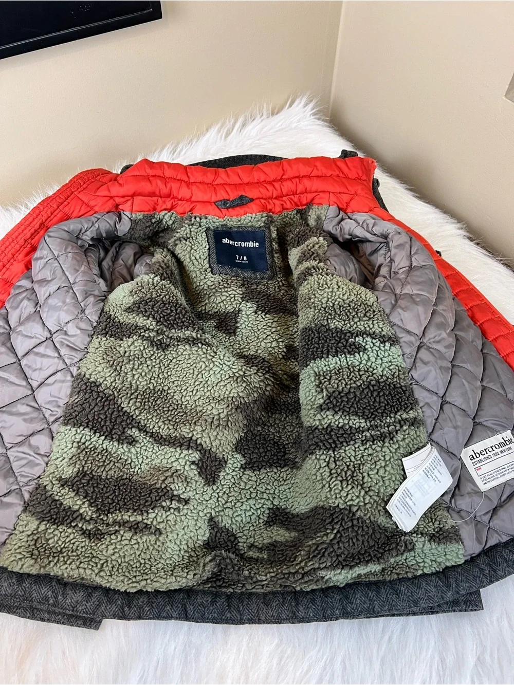Abercrombie & Fitch Kids Gray Hooded Coat with Red Inner Puffer 7 8